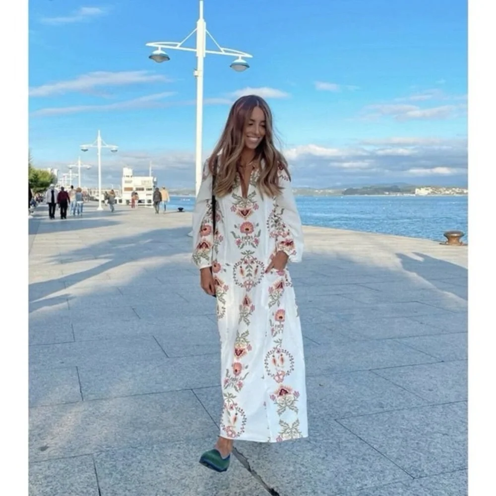 Zara Floral Kaftan Dress Print Midi Linen Cotton Blend XL - Picture 4 of 6